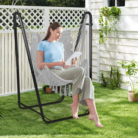 Heavy Duty U Shaped Hammock Chair With Stand Ready To Chill Rustproof Hanging Swing For Yard And Garden Bohemian Tassel Style