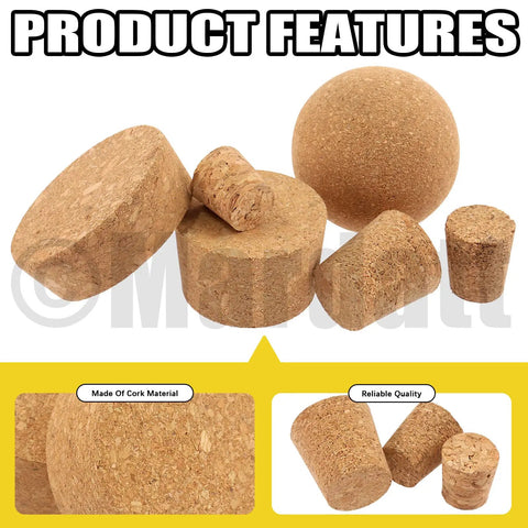 Assorted Wooden Cork Plugs Kit, 41 Pieces In 6 Sizes, Tapered And Ball Corks shown in product features image