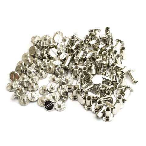 Sixty Pack Silver Chicago Screws Hella Tough Three Eighths Inch Flat Head Screw Posts Nickel Plated Metal Rivets scattered on white background.