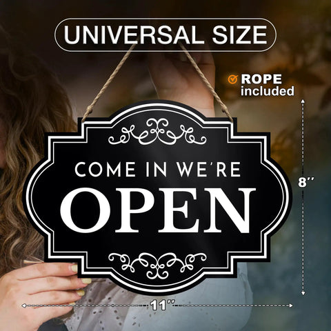 Open And Closed Business Sign 11x8 Inch Dibond Weatherproof Come In Or Closed Sign With Rope Indoor Outdoor shown in hand