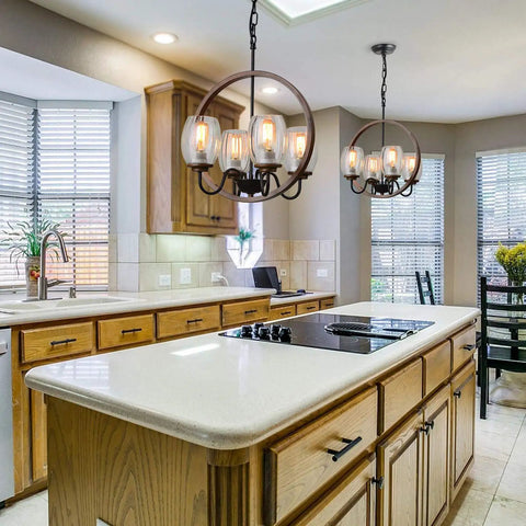 Rectangular Wood And Metal Chandelier With Rustic Kitchen Island Pendant Light in a modern kitchen setting