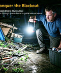 Man using Rechargeable LED Work Light With Dual COB Panels, 2500 Lumens in storm debris, emergency lighting