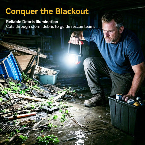 Man using Rechargeable LED Work Light With Dual COB Panels, 2500 Lumens in storm debris, emergency lighting