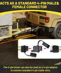 4 Way Flat Trailer Wiring Tester With Bright LED Indicators, Dual End 4 Pin Male And Female Connector, Easy Turn Signal And Tail Light Diagnostics, No Guesswork Troubleshooter For Hauling. shown as 4-pin trailer adapter connected to SUV and trailer