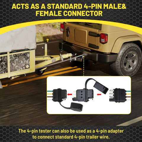 4 Way Flat Trailer Wiring Tester With Bright LED Indicators, Dual End 4 Pin Male And Female Connector, Easy Turn Signal And Tail Light Diagnostics, No Guesswork Troubleshooter For Hauling. shown as 4-pin trailer adapter connected to SUV and trailer