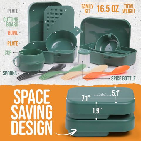 All In One 4 Person Camping Mess Kit With 14 Piece Dinnerware Set, Cups, Bowls, Utensils, Cutting Board, Space Saving Design