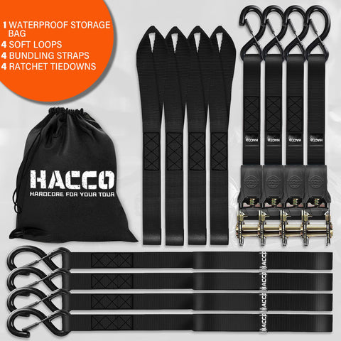 Ratchet Tie Down Straps Four Piece Set 1 Inch By 16 Feet With Padded Handles And Coated S Hook And Safety Clip, storage bag