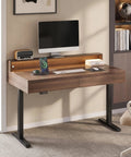 Height Adjustable Electric Standing Desk With Flip Top Hidden Storage And Handleless Drawers Featuring Motion Sensor LED Light For A Clean Workspace That Keeps Your Hustle Tight And Organized, showcasing wood finish, dual drawers, and monitor setup.