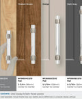 Glacio Clear Satin Nickel Cabinet Pull 3 Inch Center To Center, 4-9/16 Inch Overall Length displayed on various wood finishes