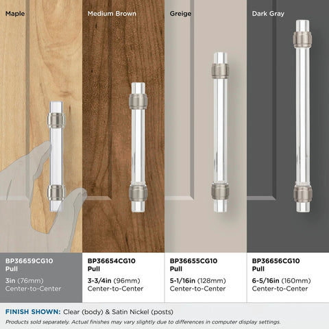 Glacio Clear Satin Nickel Cabinet Pull 3 Inch Center To Center, 4-9/16 Inch Overall Length displayed on various wood finishes