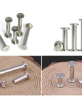 No Nonsense Heavy Duty Nickel Plated Chicago Screws Assortment Kit Featuring Phillips Head Binding Posts With M5 Sizes, 100 Piece Bookbinding Rivet Set For Leather Crafting And Gear Fixes displayed on wooden surface.