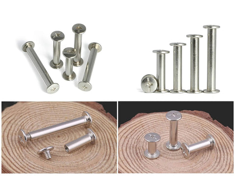 No Nonsense Heavy Duty Nickel Plated Chicago Screws Assortment Kit Featuring Phillips Head Binding Posts With M5 Sizes, 100 Piece Bookbinding Rivet Set For Leather Crafting And Gear Fixes displayed on wooden surface.