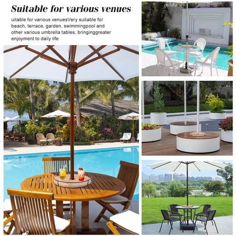 12 Inch Lazy Susan With Umbrella Hole For Outdoor Patio Table No Fuss 360 Degree Rotation Iron Turntable Organizer For Beach Umbrellas Patio Garden And Poolside Dining displayed in various settings.
