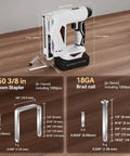 Heavy Duty Cordless Brad Nailer And 2 In 1 Electric Stapler With Fast Charge Battery For Fine Woodwork and Upholstery displayed on a workbench.