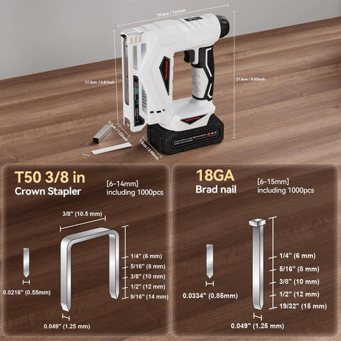 Heavy Duty Cordless Brad Nailer And 2 In 1 Electric Stapler With Fast Charge Battery For Fine Woodwork and Upholstery displayed on a workbench.
