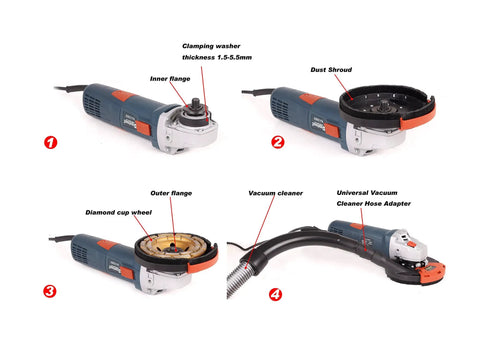 Universal 5 Inch Angle Grinder Slurp Guard Dust Shroud With Quick Clamp Fitting And Shop Vac Hose Adapter For 39 To 51mm Grinders with dust shroud and hose adapter.