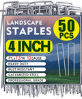 Pack of Heavy Duty 50 Pack Four Inch Landscape Staples Galvanized Ground Stakes for weed barriers and irrigation tubing.