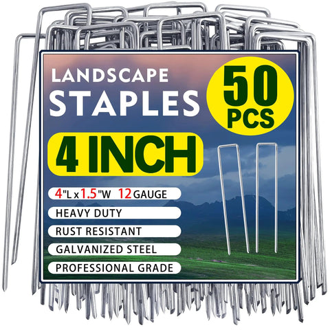 Pack of Heavy Duty 50 Pack Four Inch Landscape Staples Galvanized Ground Stakes for weed barriers and irrigation tubing.