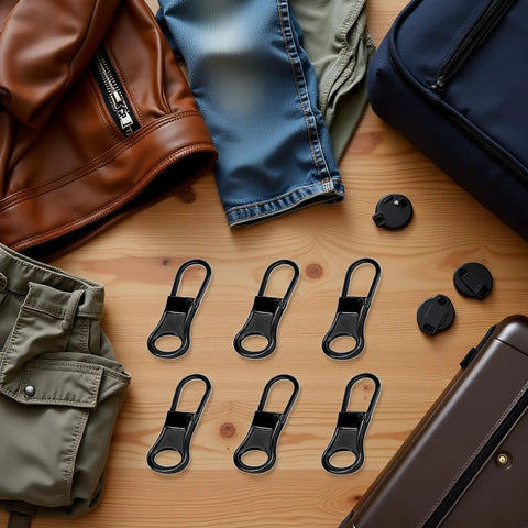 6 Pack Black Detachable Zipper Pull Replacements Kit for Jackets, Pants, Coats, Shoes, Bags, and Luggage on a wooden table.