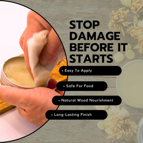 Person applying Food Grade Beeswax Wood Polish For Cutting Boards And Butcher Blocks on a wooden surface using a cloth.