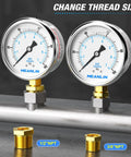 Two stainless steel 2.5 in dial pressure gauges, 0-100 psi, liquid-filled, mount with 1/2 in and 3/8 in NPT bushings.