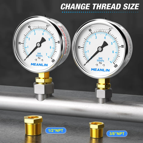 Two stainless steel 2.5 in dial pressure gauges, 0-100 psi, liquid-filled, mount with 1/2 in and 3/8 in NPT bushings.