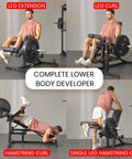 Man demonstrating exercises on GLX Adjustable Weight Bench With Leg Extension And Curl Machine For Total Body Home Gym Workouts.