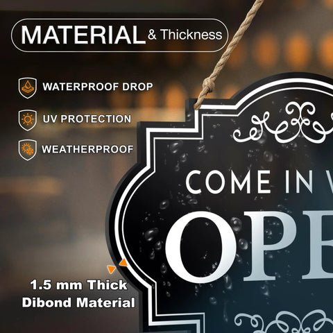 Close-up of Open And Closed Business Sign 11x8 Inch Dibond Weatherproof Come In Or Closed Sign with rope showing material