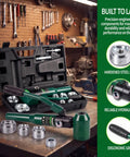 No Hassle Heavy Duty Hydraulic Knockout Punch And Electrical Conduit Hole Cutter Kit With Six Die Sets Half To Two Inches Eight Ton Heavy Hitter Workhorse For Quick Conduit Punching in a tool case with hardened steel dies.
