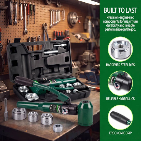 No Hassle Heavy Duty Hydraulic Knockout Punch And Electrical Conduit Hole Cutter Kit With Six Die Sets Half To Two Inches Eight Ton Heavy Hitter Workhorse For Quick Conduit Punching in a tool case with hardened steel dies.