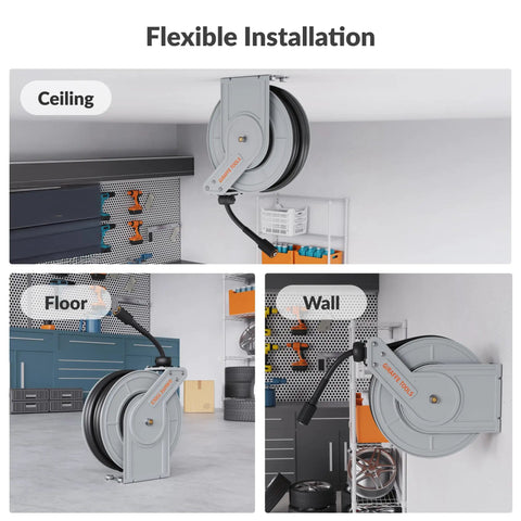 65ft Pressure Washer Hose Reel With Auto Retract And Lock At Any Length, Heavy Duty Retractable Hose Reel Installation Options