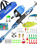 Kids Fishing Pole Starter Kit With Tackle Box, Reel, Practice Plug, Beginner's Guide And Travel Bag for boys and girls ages 3 to 15, featuring blue camo design, accessories laid out for easy catch and fun outdoor adventures.
