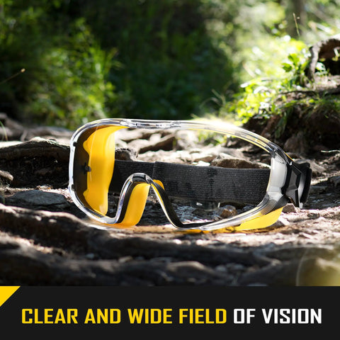 Over Glasses Safety Goggles With Anti Fog Clear Lens ANSI Z87.1 Impact Resistant and UV Proof on outdoor rocky surface