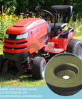 Swap-In Reverse Disc For Horse Tiller 3 3/4 Inch Replacement Part With Rubber And Metal Build, shown next to riding lawnmower