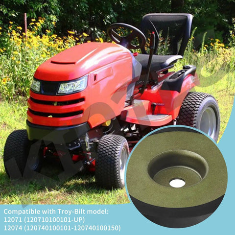 Swap-In Reverse Disc For Horse Tiller 3 3/4 Inch Replacement Part With Rubber And Metal Build, shown next to riding lawnmower