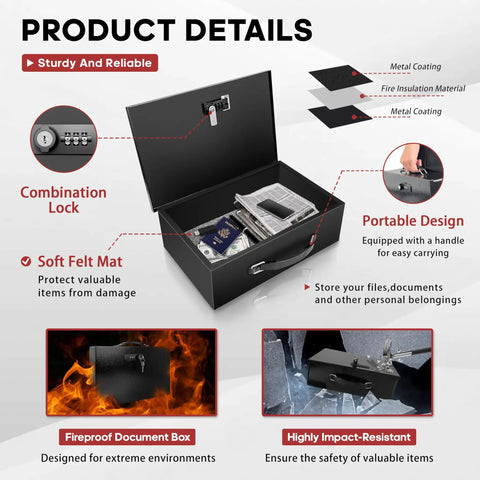 Fireproof Lock Box With Key And Combination Lock For Home Office And Travel Portable Safe Waterproof, showing open design with features.