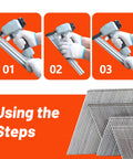 Steps to insert Angled Finish Nails 16 Gauge 20 Degree Galvanized 2000 Pack for nailer, showing nails and chisel points.