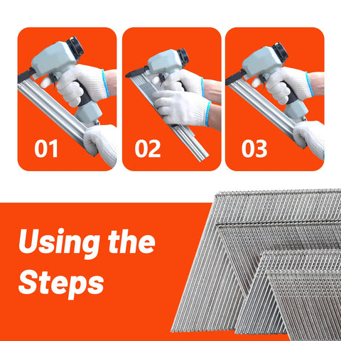 Steps to insert Angled Finish Nails 16 Gauge 20 Degree Galvanized 2000 Pack for nailer, showing nails and chisel points.