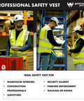 Built Tough Class Two High Visibility Construction Vest With Nine Roomy Cargo Pockets And Heavy Duty Zipper Front For All Day Job Site Comfort In Bold Safety Yellow worn by workers in a warehouse.