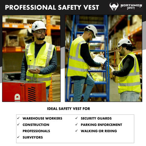 Built Tough Class Two High Visibility Construction Vest With Nine Roomy Cargo Pockets And Heavy Duty Zipper Front For All Day Job Site Comfort In Bold Safety Yellow worn by workers in a warehouse.