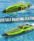 Brushless RC Boat For Adults With Dual Rechargeable Batteries, High Speed Remote Control Boat Reaching 30 Plus MPH On Lakes, 30+ Minutes Of Proportional Control, Green 79705 showcasing self-righting feature in water.