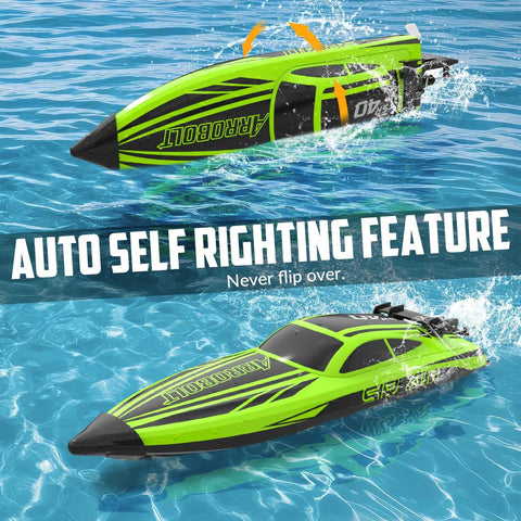 Brushless RC Boat For Adults With Dual Rechargeable Batteries, High Speed Remote Control Boat Reaching 30 Plus MPH On Lakes, 30+ Minutes Of Proportional Control, Green 79705 showcasing self-righting feature in water.