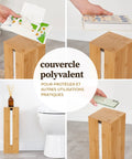 Bamboo Toilet Paper Storage Holder With Lid On A Sturdy Bamboo Base, Space Saving Roll Dispenser used in bathroom setting.