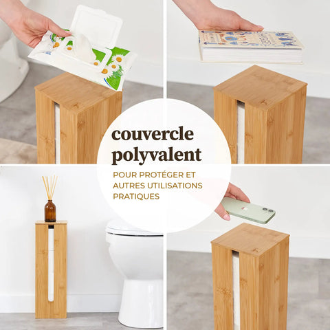 Bamboo Toilet Paper Storage Holder With Lid On A Sturdy Bamboo Base, Space Saving Roll Dispenser used in bathroom setting.