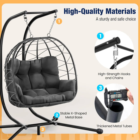Heavy Duty 700 Lb Double Egg Chair With Stand For Indoor Or Outdoor Use Hanging Egg Chair With Armrests And Headrest UV Resistant Cushions Thick Steel Frame
