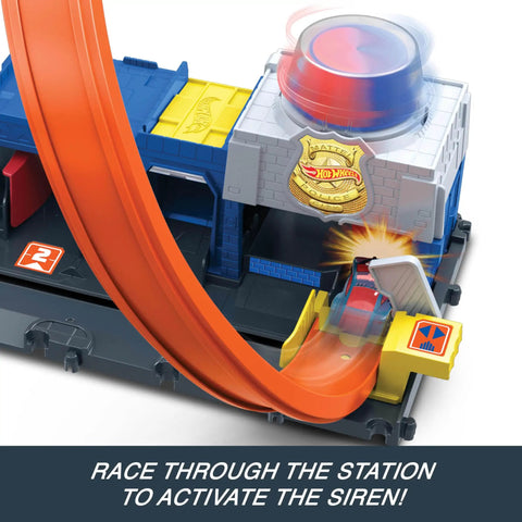 Police Station Track Set With Adjustable Loop And Four Lane Race 1:64 Scale Die Cast Vehicle Included Multi Path Stunts And City Chase Action For Kids Kid Friendly Durable Playworthy Raceway Fun showing loop and launcher