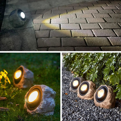 Rock Solar Garden Lights With Hella Bright LEDs Solar Powered Landscape Lighting illuminating pathways and gardens at night.