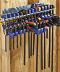 Shop Grade Quick Release Bar Clamp Rack That Holds 15 Clamps, Built Tough Galvanized Steel Wall Mount Organizer installed on wall