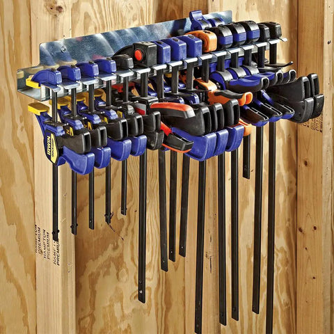 Shop Grade Quick Release Bar Clamp Rack That Holds 15 Clamps, Built Tough Galvanized Steel Wall Mount Organizer installed on wall