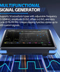 Close-up of 4-in-1 On-The-Go Handheld Oscilloscope with 350 MHz Bandwidth, featuring a digital phosphor display showing waveform.